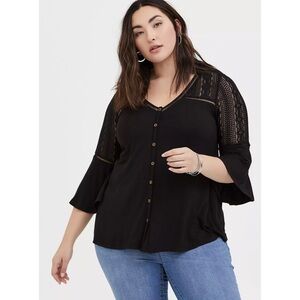 Torrid Super Soft Knit Black Lace Top Bell Sleeve V-Neck Size 00 Casual Boho